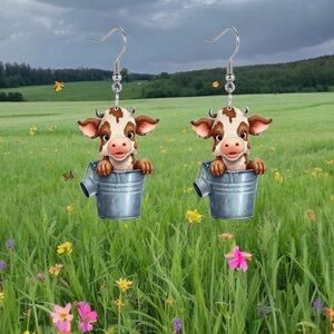 Cute Cow Bucket Design Acrylic Dangle‎ Earrings Cartoon Y2K Style Adorable